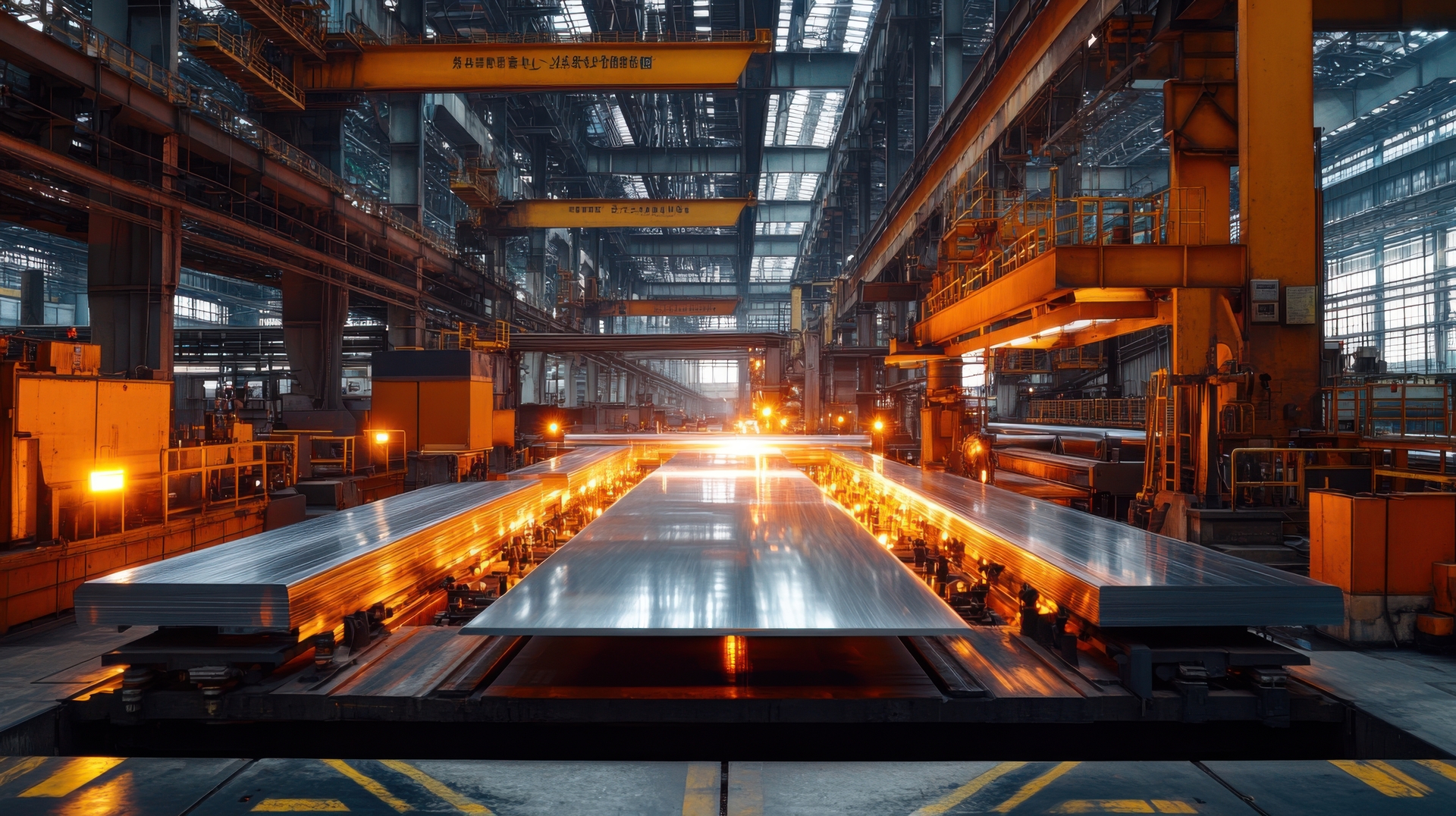 A high-tech industrial steel manufacturing facility featuring advanced machinery and glowing metal sheets in production.