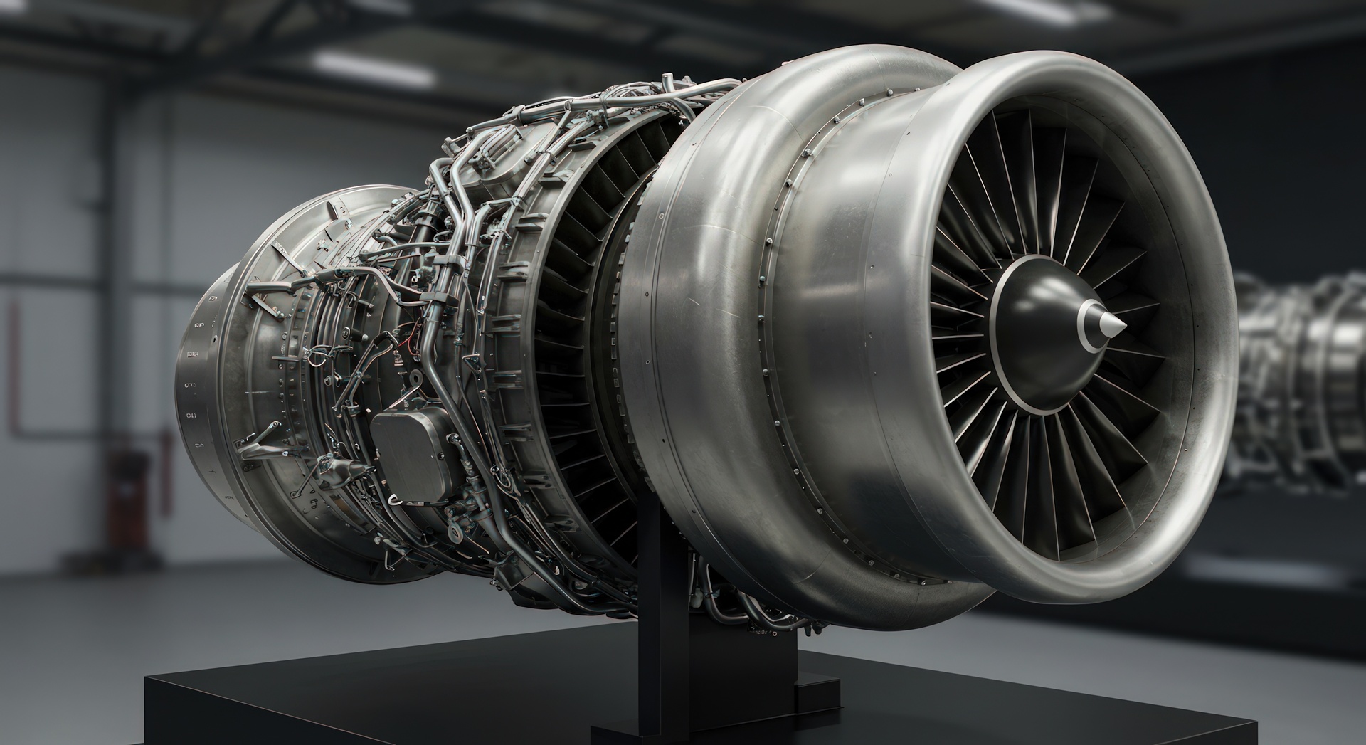 A detailed studio shot showcases a metallic turbofan engine model, intricately designed with visible blades and piping. The engine rests on a sleek black stand. The setting is indoors, against a blurry background, with even lighting that accentuates the smooth textures of the metallic surfaces. The neutral background puts emphasis on the object, which could be used in technical illustrations or industrial design, or even aerospace engineering educational materials. The shot is clean, highlighting modern technology.